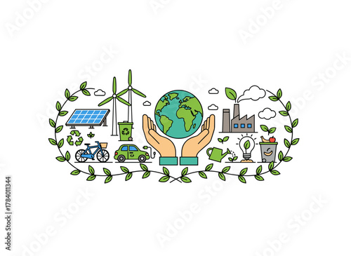 A monochrome banner featuring hands cradling the Earth and a light bulb, encircled by wind turbines, solar panels, an electric car, and plants, symbolizing ecology and renewable energy in line art