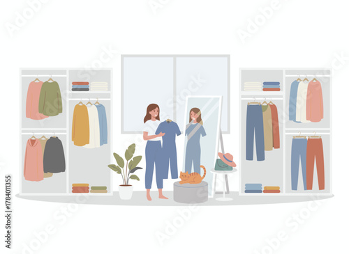 A charming young woman stands before a rack of hangers, selecting an outfit, smiling inside the dressing room, while a humorous female character holds clothes in a flat‑style cartoon vector