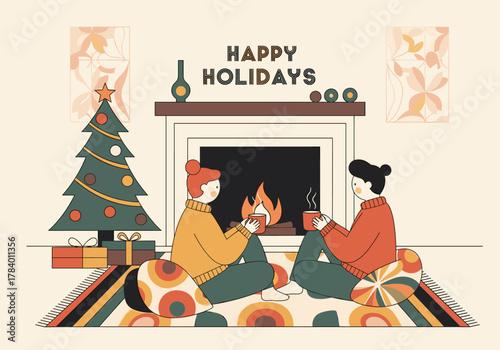 Cozy holiday gathering by the fireplace with christmas tree and gifts in minimalist style