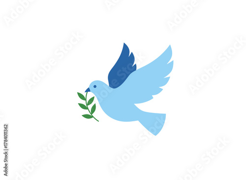 A vector illustration of a dove clutching an olive branch, depicted as a pigeon holding a twig against a white background, symbolizing a traditional Jewish holiday and serving as a metaphor for