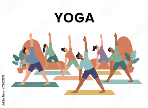 A lively group of smiling men and women practicing yoga and gymnastics together in a vibrant flat cartoon vector illustration