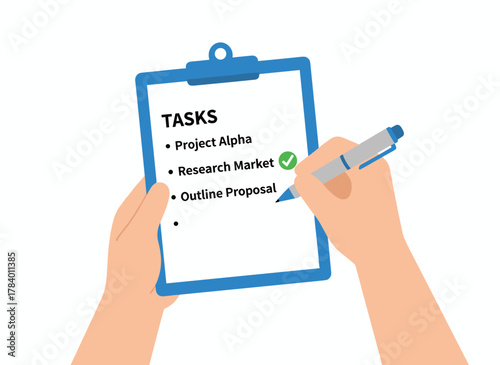 On a clipboard, a checklist is displayed while hands tick boxes and mark checkmarks on paper, filling questionnaires, survey forms, documents, and selecting options, all presented as a flat vector