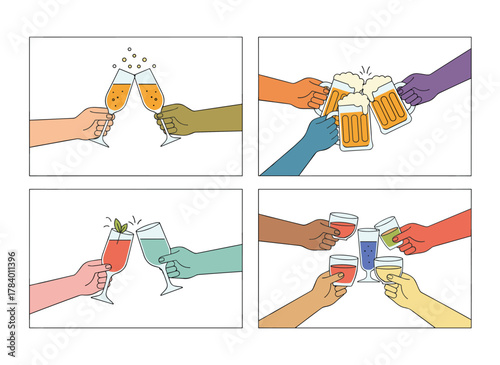 Illustration of friends' hands holding glasses and mugs filled with champagne, wine, beer, cocktails, and tea, raising a toast to friendship, presented as a colored flat vector on a white background
