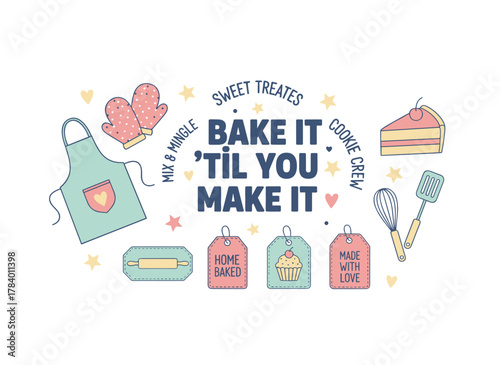 A set of graceful cursive lettering adorned with culinary or baking motifs, featuring bakery-themed compositions and motivational slogans, rendered as a creative vector illustration