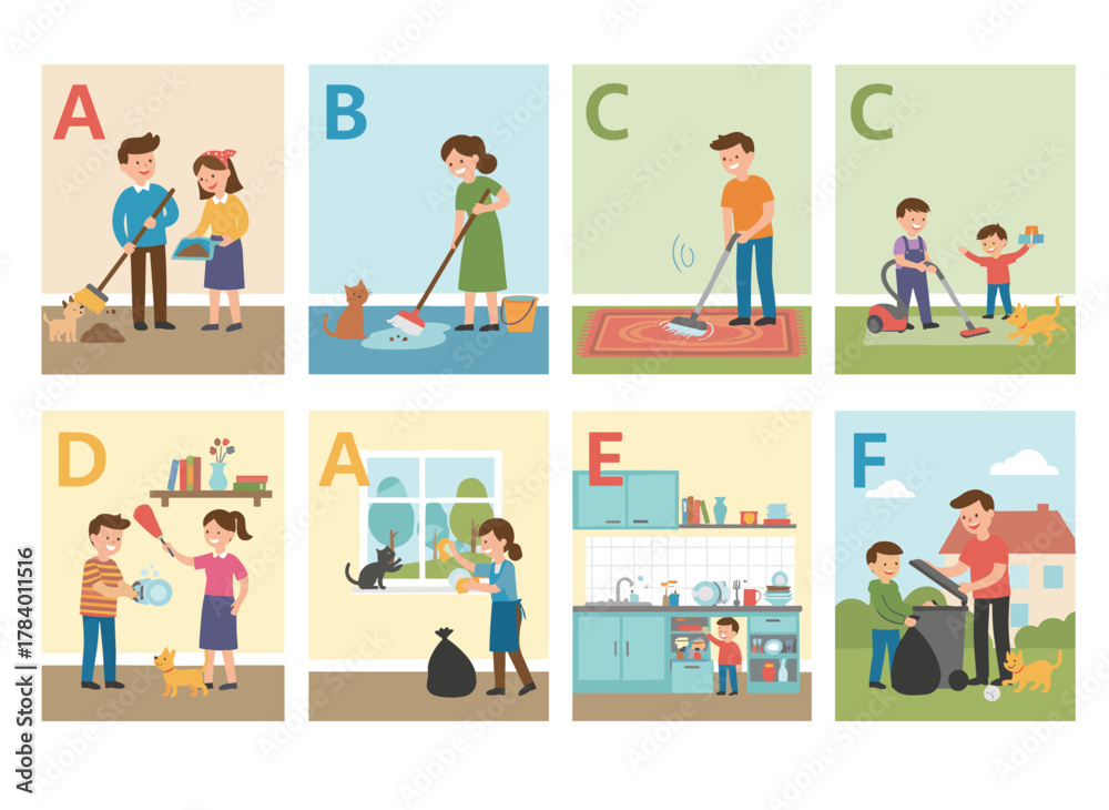 Fototapeta premium Joyful parents and children tidying rooms and windows, a family working together on spring cleaning, depicted as a series of isolated scenes on a white background in flat cartoon vector style