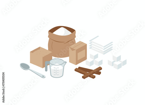 Set of sugar packs: granulated, powdered, cubed, and sanded sweet sucrose packaged in various forms such as bags, sticks, spoons, sacks, boxes, bowls, and sachets, illustrated with flat cartoon