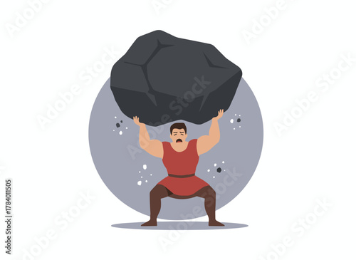 A sorrowful man lugging a massive heavy boulder or stone, embodying an overburdened individual overwhelmed by a tough problem or task, a boy enduring harsh conditions, rendered in a modern flat