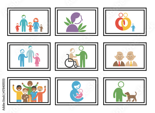 A set of framed photographs featuring family members, relatives, and events, displayed as wall pictures with smiling people, illustrated in colorful cartoon vector style