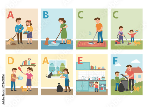 Joyful parents and children tidying rooms and windows, a family working together on spring cleaning, depicted as a series of isolated scenes on a white background in flat cartoon vector style