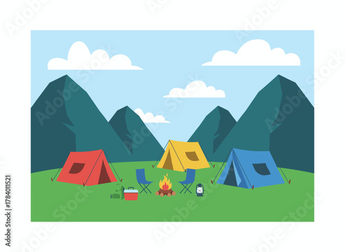 A tourist-friendly campsite featuring tents, a campfire, and a forested setting with mountains in the backdrop, ideal for adventure tourism, travel, and backpacking, depicted as a flat vector