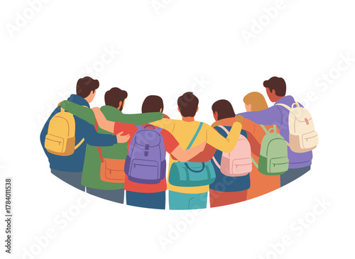 A flat cartoon vector illustration showing teenage boys and girls or school friends from the back, standing together, hugging and waving, isolated against a white background