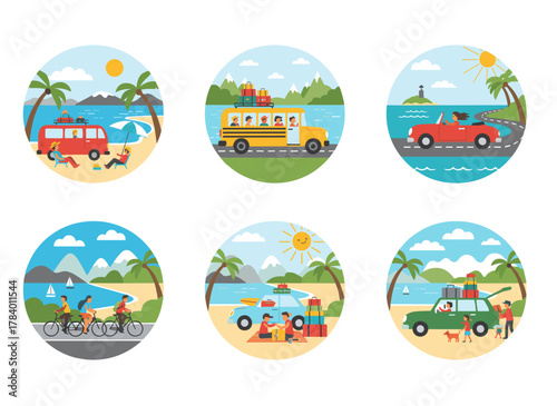 A group of travelers in a car, along with families, friends, and couples enjoying a summer seaside break, depicted in a flat vector illustration on a white background