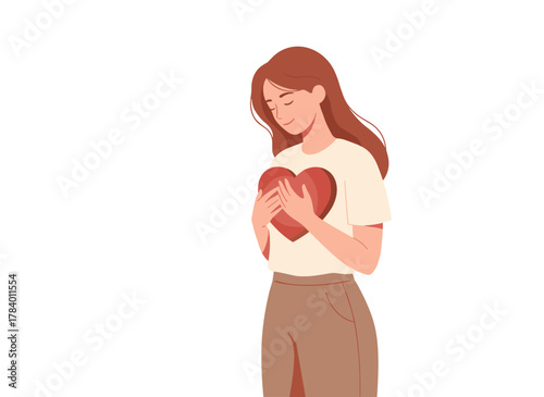 A joyful woman radiates love, compassion, and generosity, practicing self‑care and acceptance while hopeful for a bright future; a young girl feels affection and gratitude, all depicted in a flat