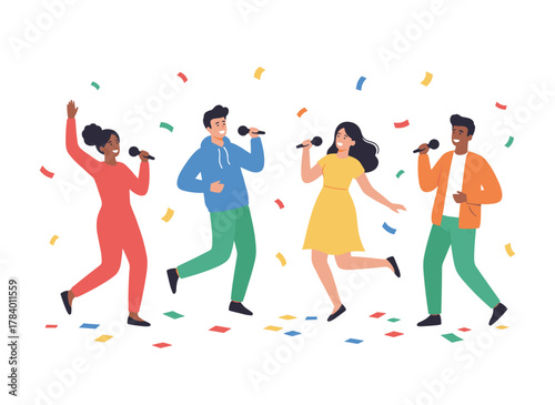 Illustration of a karaoke party with amateur singers, young happy men and women holding microphones, performing live in a club, rendered as a flat graphic vector on a white background