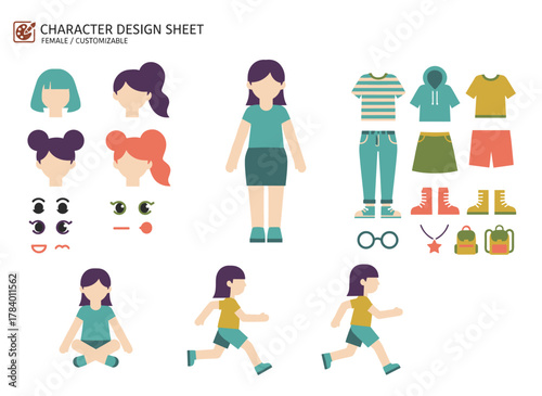 A vector illustration of a young, curvy, plus‑size woman or girl, featuring a DIY kit with body parts, facial expressions, clothing, and accessories, shown from front, side, and back views