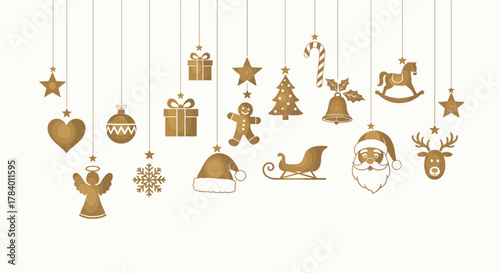 Elegant Gold Christmas Icons Hanging on Strings – Festive Symbols Including Tree, Reindeer, Angel, Gifts, Sleigh, Stars, and More