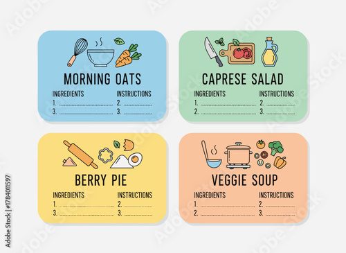 A set of recipe card or sheet templates for jotting down meal prep details and cooking ingredients, featuring empty cookbook pages adorned with colorful crockery and vegetables, rendered as a vector