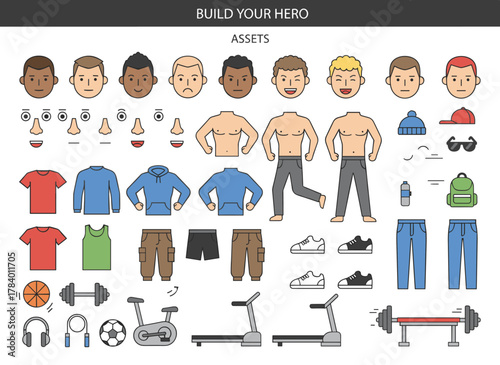 A football or soccer player creation kit featuring a set of male body parts, poses, sports apparel, and exercise equipment displayed on a white background in front, side, and back views, rendered as