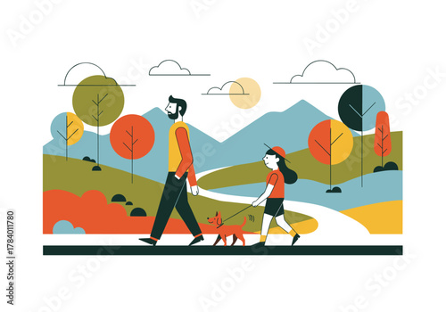 Family outing in nature with dog in modern flat design