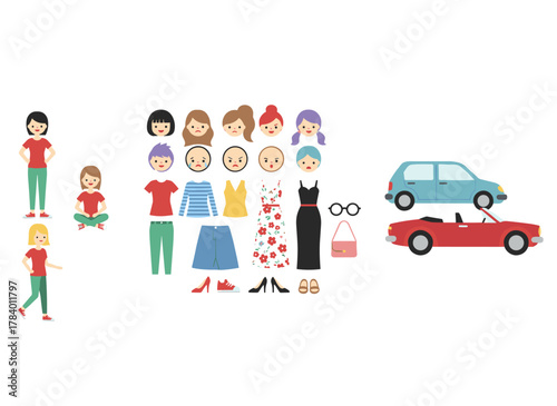 A stylish animation kit for women or a DIY set featuring a collection of body parts, gestures, fashionable clothing, and accessories, including a female celebrity in an evening dress, presented in