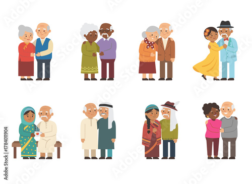 A collection of elderly couples, including senior men and women, content married individuals, aged grandparents, and modern older spouses, depicted as a flat vector illustration on a white background