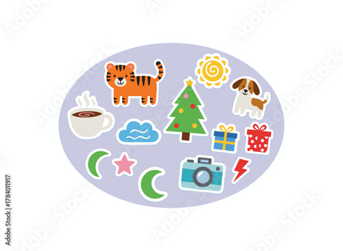 A collection of vibrant hand‑drawn, flat‑style vector stickers featuring whimsical signs, symbols, objects, and image templates, ideal for decorating weekly or daily planners and diaries