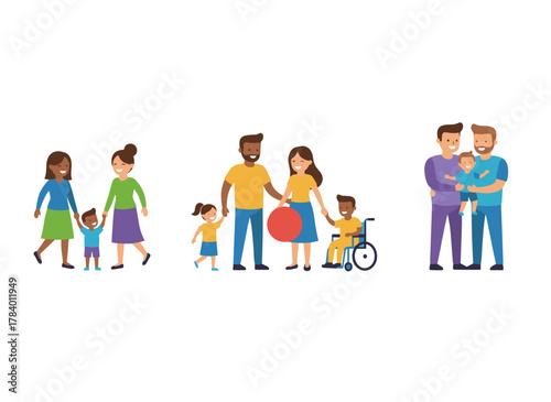 A collection of cheerful, conventional heterosexual families with children, featuring smiling parents and kids depicted as adorable cartoon characters against a white backdrop in a vibrant flat