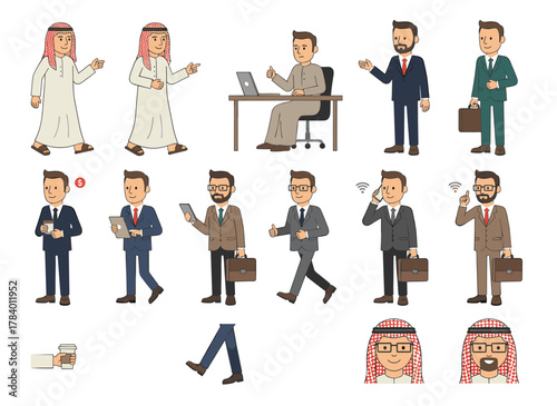 An Arab businessman or clerk in traditional Muslim clothing, equipped with a construction set or DIY kit, portrayed as a male cartoon character with bundled body parts, emotions, and gestures, shown