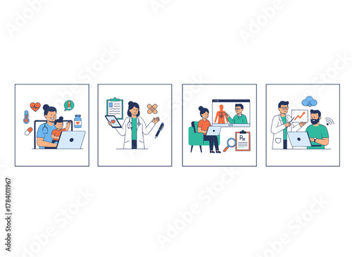 Doctor and patient in online video calls, illustrating telemedicine and virtual healthcare, with apps and web services for remote medical help, depicted as flat vector illustrations on a white