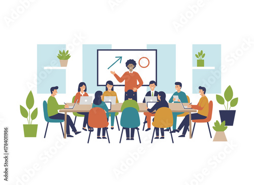 A new male employee, depicted in a collective vector flat illustration, is terrified of public speaking and stands alone on a white background, while the chief conducts a dull team meeting that shows