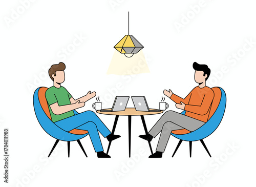 Flat vector illustration of a business lounge area where coworkers enjoy a lunch break, featuring cartoon businessmen coworking and colleagues chatting and collaborating in an isolated clipart style