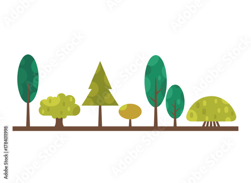 A green tree border, forest foliage and coniferous plants in a row, a mixed wood panorama with stylized fir and poplar trunks and crowns, all rendered as a flat vector illustration of woodland set