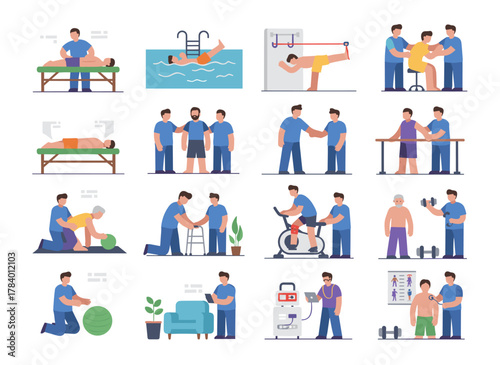 Pregnant women get ready for delivery in hospitals with obstetricians or at home with a partner or doula, depicted in a flat vector illustration of various birthing positions on a white background