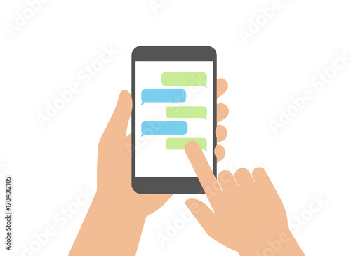 Two hands grasp a smartphone displaying a chat or messenger app, depicting instant messaging and online communication in a vibrant flat cartoon vector illustration