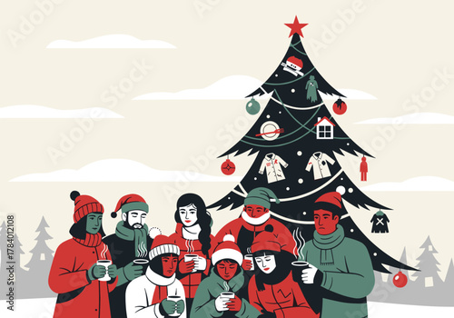 Festive winter gathering: multicultural friends enjoy holiday season by christmas tree