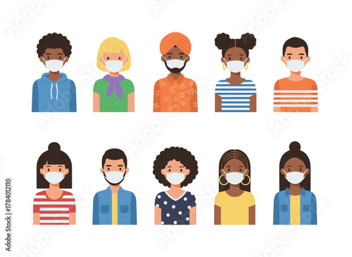 Various individuals wearing face masks stand alone against a white backdrop; a man and a woman in respirators, illustrating protection against coronavirus and pandemic prevention in a flat cartoon