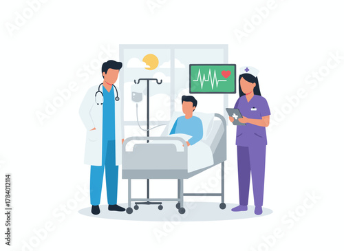 Illustration of a female doctor and nurse visiting a male patient in a hospital's intensive therapy room, depicted in flat vector style; cartoon medical staff work inside the clinic, while the ill