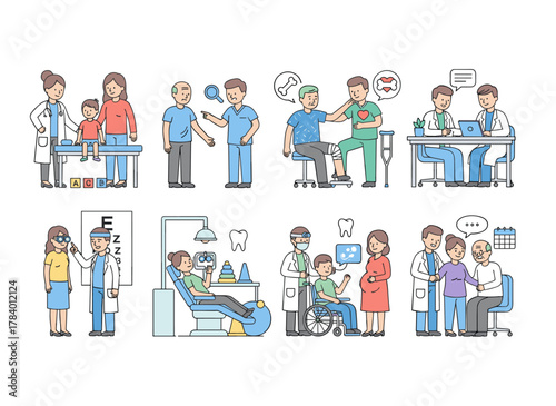 A collection of charming child doctor visit vector illustrations, featuring diverse kids and parents in a white background during a physician consultation, with friendly medical staff assisting boys