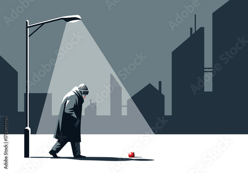 Moody night street scene with lone figure under streetlight in urban setting