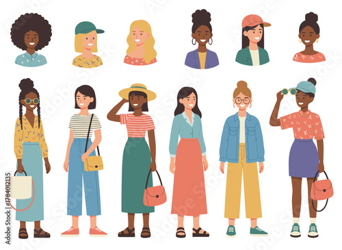 A kit for creating a young, stylish female cartoon character, featuring body parts, trendy casual outfits, gestures, faces, and postures, with front, side, and back views in flat vector illustration