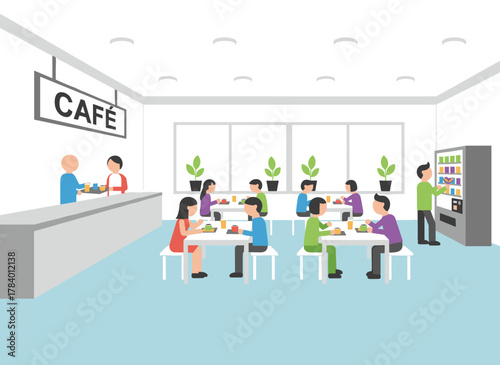 A flat cartoon vector illustration of a school cafeteria, canteen, or dining hall where students carry trays of meals, sit at tables to eat lunch, and purchase snacks from a vending machine