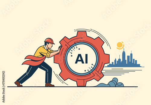 Engineer pushing ai gear symbolizing technology growth in urban environment