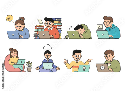 A flat cartoon vector illustration depicting teenage boys and girls at desks with laptops, reading books, writing, and sleeping, as a group of school children or students preparing for exams
