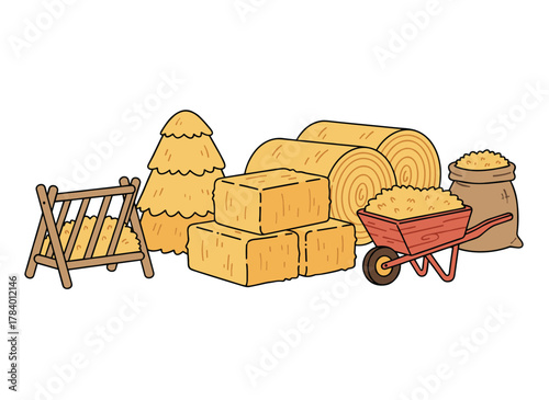 Hay bales, piles, heaps, and stacks arranged