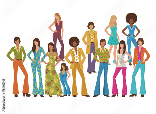 A group of 1980s figures, including a man and a woman dancing disco in retro 1980s fashion, depicted as stylish party characters in a flat vector illustration set against a white background