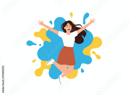 Concept of freedom, inspiration, and creative energy: a happy, active, enthusiastic young woman soaring; a free, energetic girl leaping upward in flight; a flat vector illustration on a white