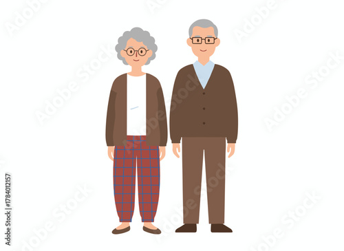 Illustration of an elderly couple, a gray‑haired grandmother and grandfather, standing together against a white background in a flat colored vector style