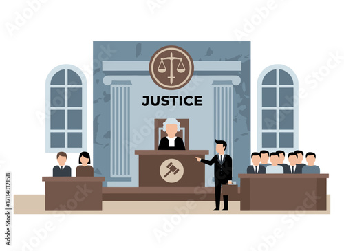 A lawyer or barrister speaking in a courtroom before a judge and jury, illustrating legal defense, public hearings, and criminal proceedings at a court or tribunal in a flat, colorful cartoon vector