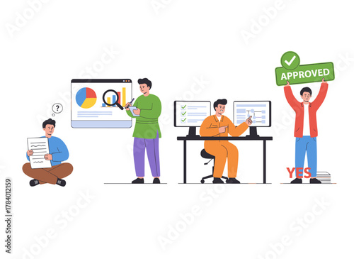 Editors review texts, correct grammar mistakes, edit documents, fix spelling errors, proofread, and assess essays, with flat vector illustrations set against a white background