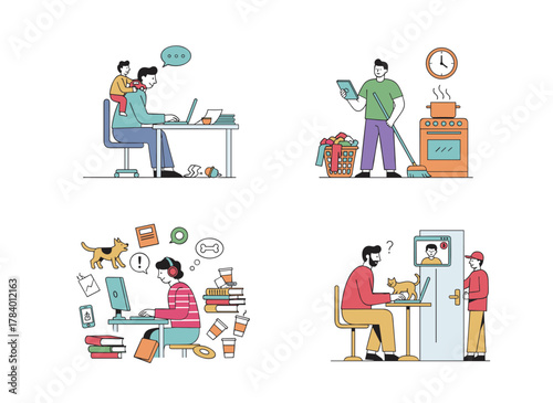 Disadvantages of remote work include home office issues, stress‑induced eating, missed deadlines, procrastination, a freelancer arriving late, a child distracting the father, all depicted in a flat